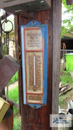 Antique mailbox, advertising thermometer, scoop and antique tools