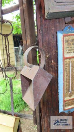 Antique mailbox, advertising thermometer, scoop and antique tools