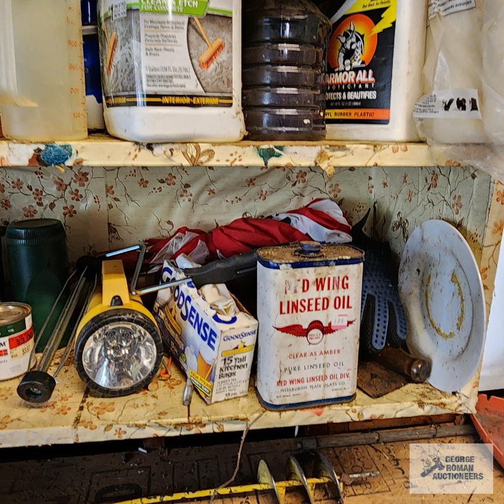 Lot of oilers, car care supplies, metal wire, painting supplies and etc on shelving