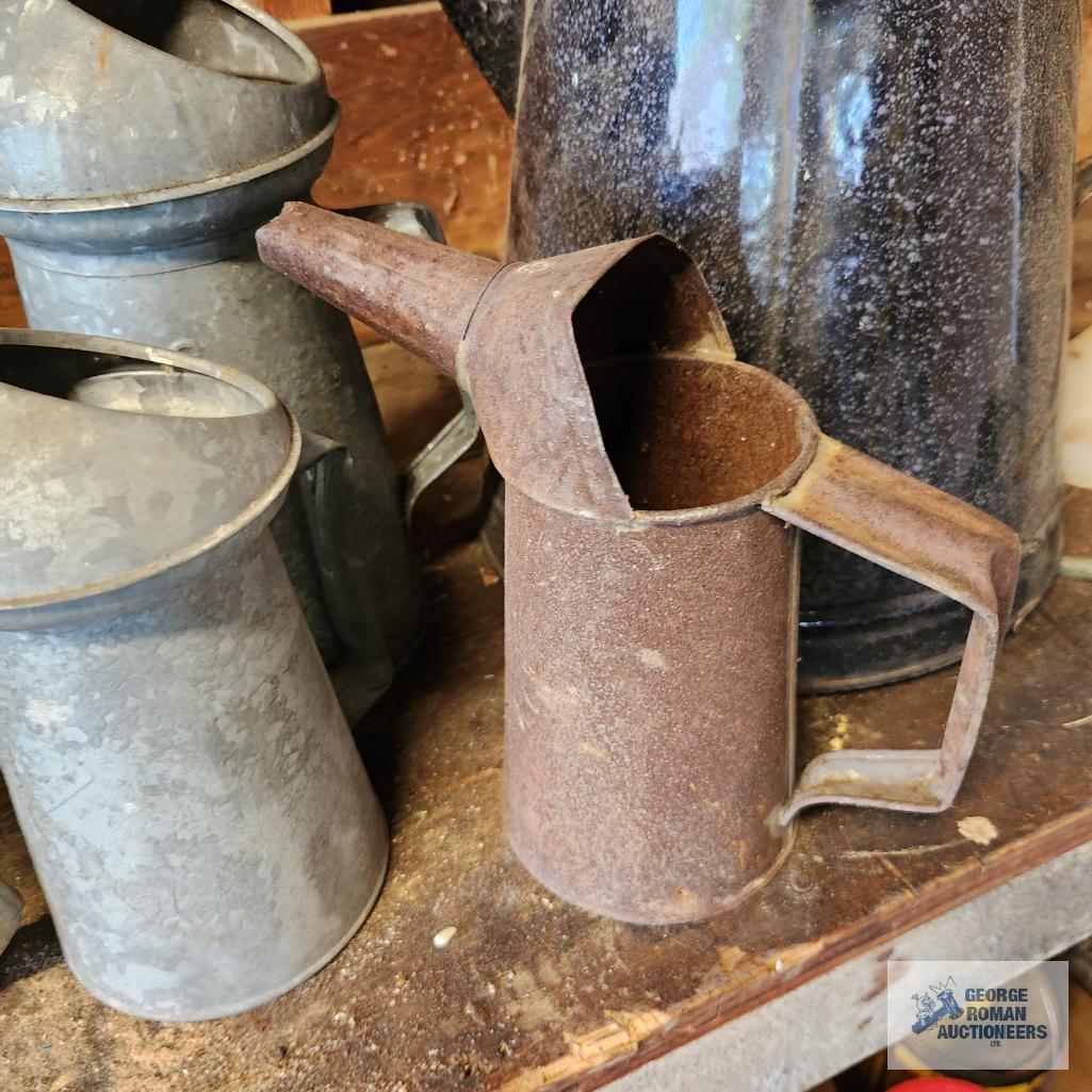 Vintage oil cans, metal funnel and etc