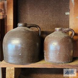 Antique jugs, bird houses, outdoor folding chair and etc