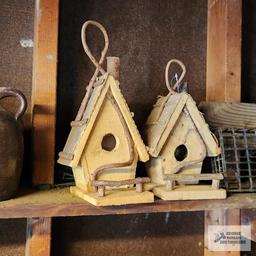 Antique jugs, bird houses, outdoor folding chair and etc