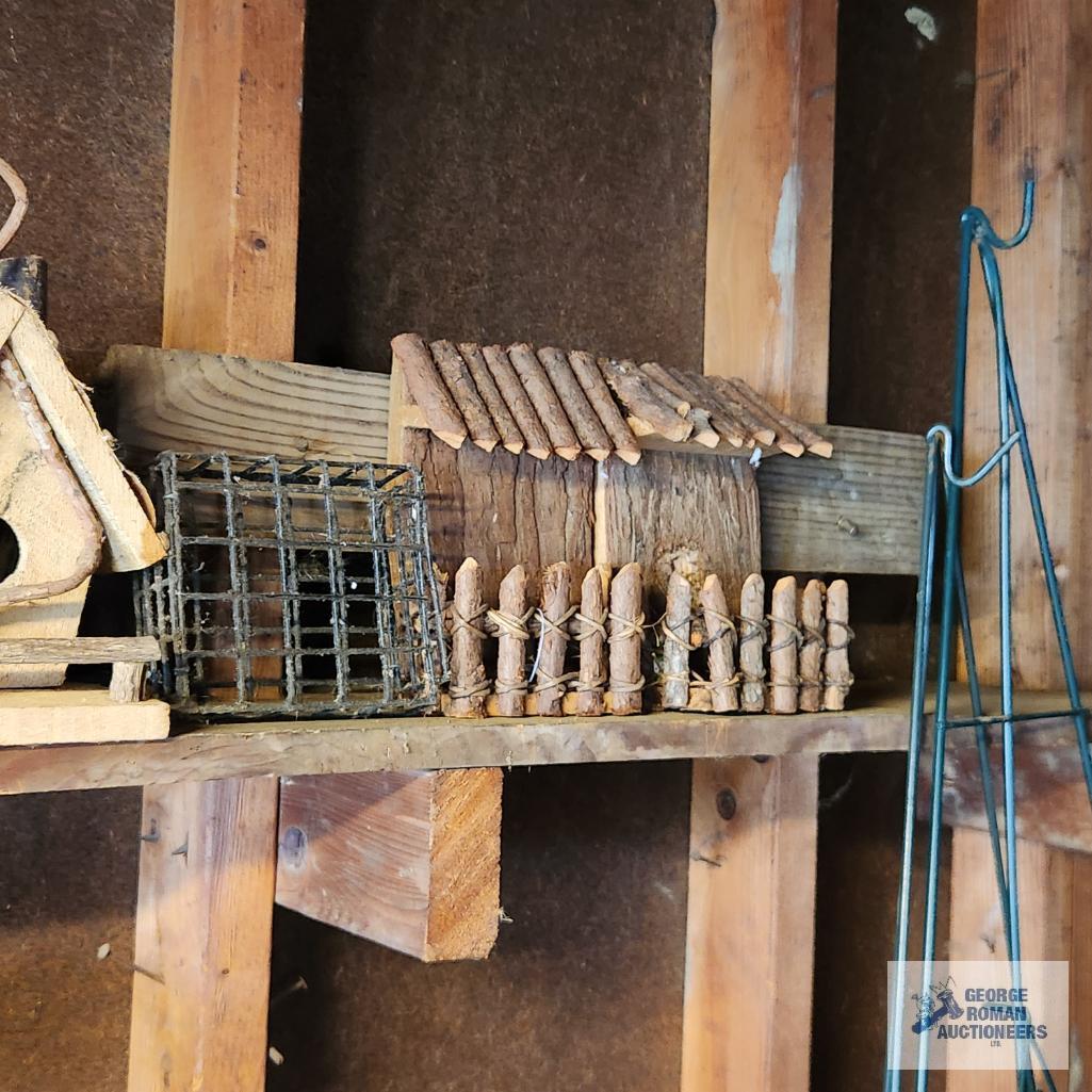 Antique jugs, bird houses, outdoor folding chair and etc