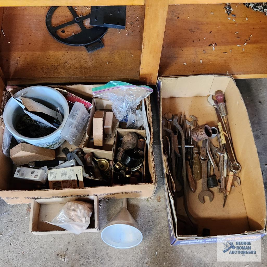 Lot of mailboxes, hardware, wooden toolbox, caulking and etc