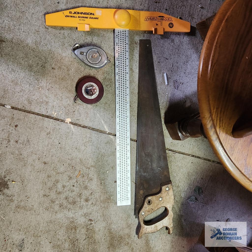 Johnson drywall scoring square, vintage chalk line and vintage tape measure