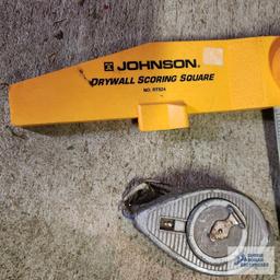 Johnson drywall scoring square, vintage chalk line and vintage tape measure