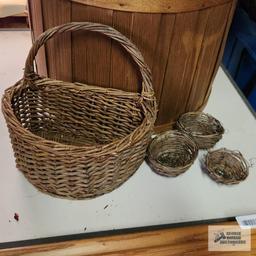 Wooden garden barrel, wooden duck figurines, basket and wicker nests