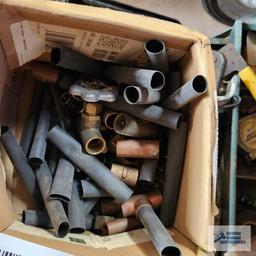 Lot of copper plumbing pieces, pipe wrenches, coax tool and etc with metal toolbox