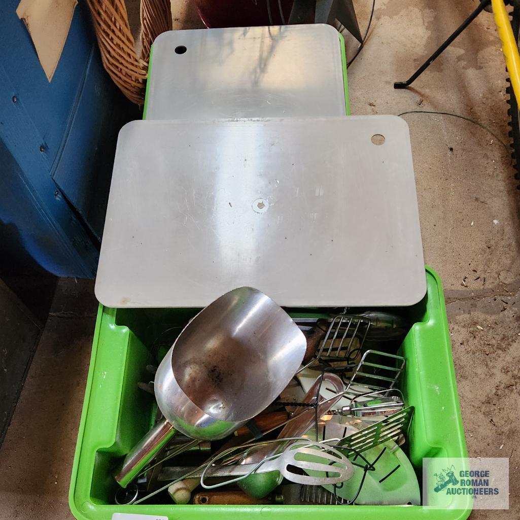 Kitchen utensils and stainless steel scoop with two plastic boxes with...lids