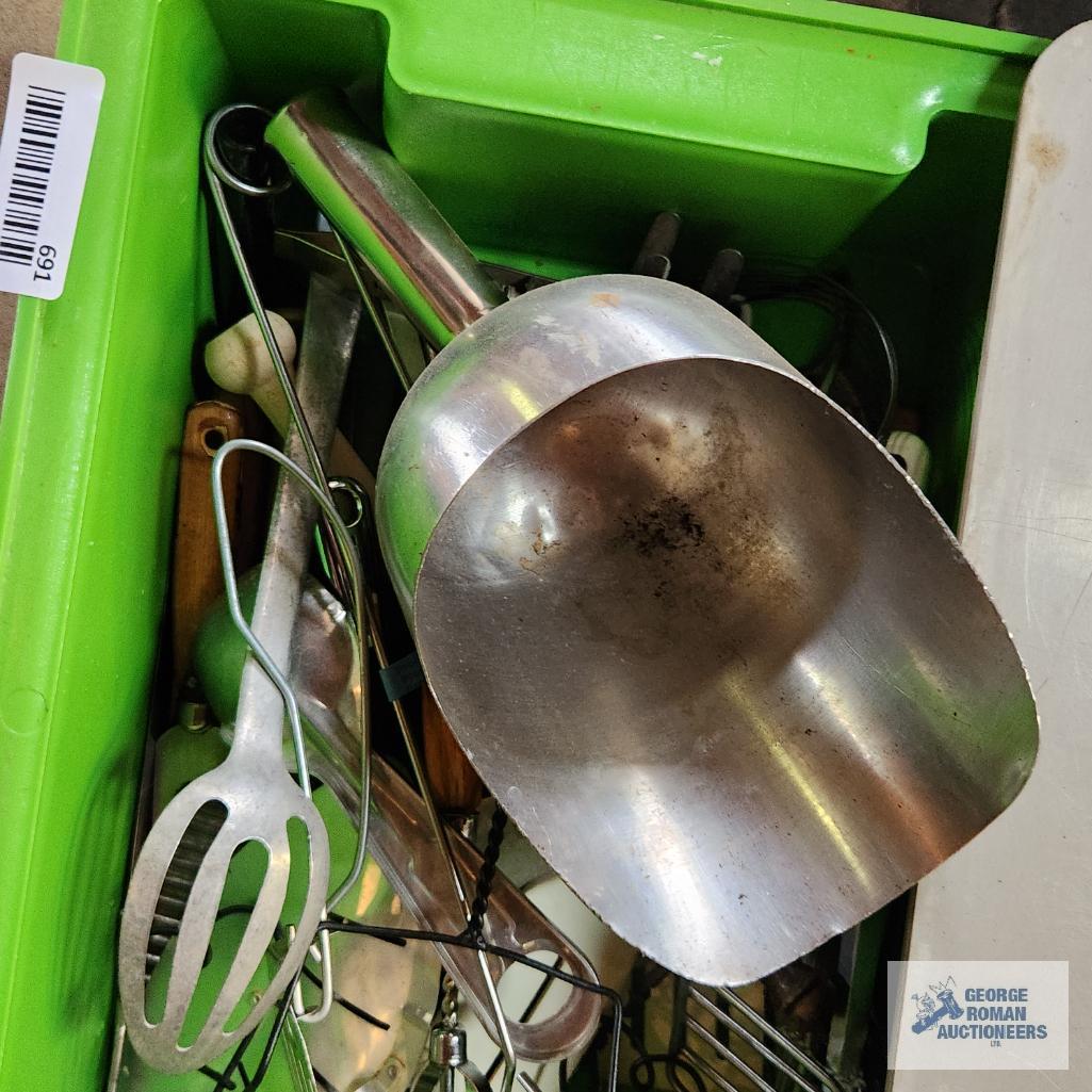 Kitchen utensils and stainless steel scoop with two plastic boxes with...lids