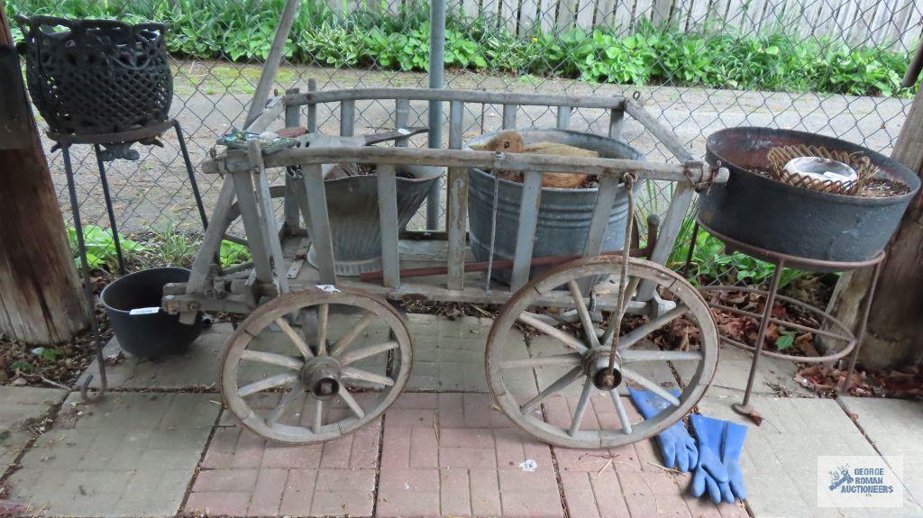 Antique wagon, wooden duck decoration, coal...bucket and metal wash tub