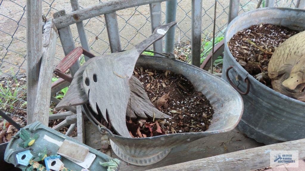 Antique wagon, wooden duck decoration, coal...bucket and metal wash tub