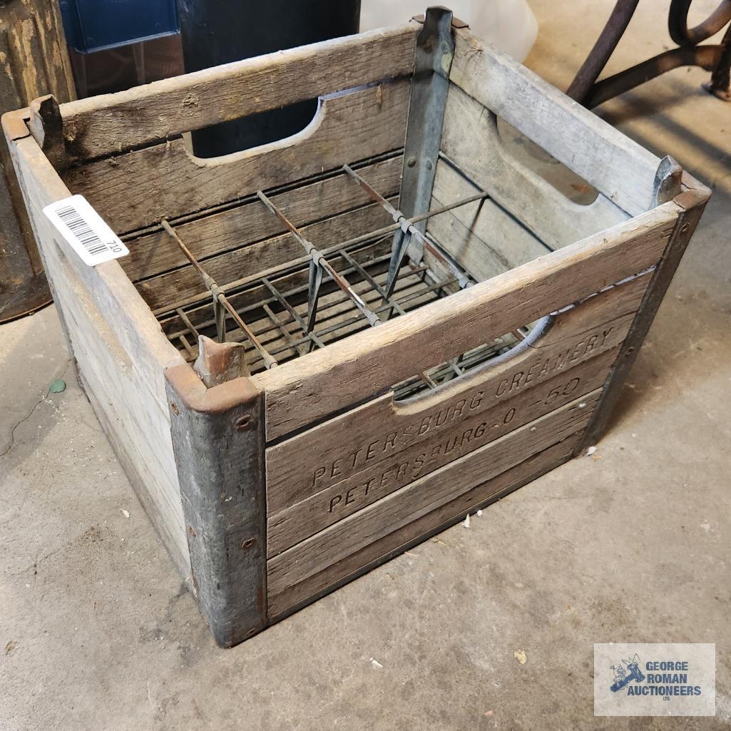 1950 Petersburg Creamery wooden and metal milk crate