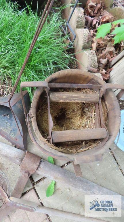 Antique log roller, advertising dustpan and stall shovel