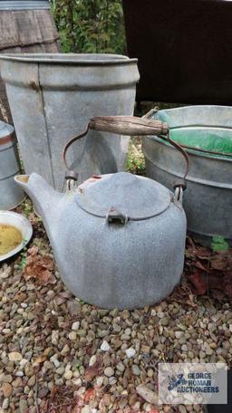 Hammered aluminum kettle, chicken feeder parts, and metal buckets