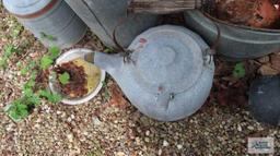 Hammered aluminum kettle, chicken feeder parts, and metal buckets