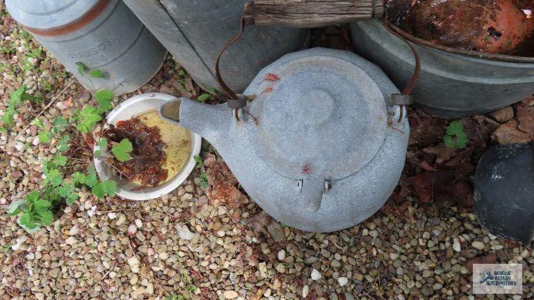 Hammered aluminum kettle, chicken feeder parts, and metal buckets