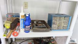 Assorted items, including Coleman...air compressor, brushes. Silicon, staplers and hardware