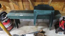 Wooden bench and plastic stool