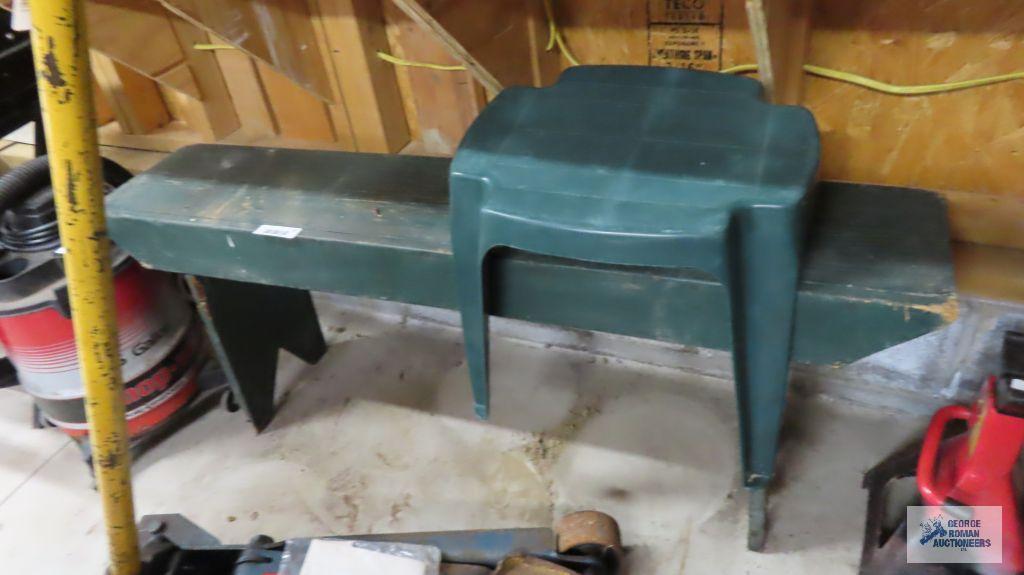 Wooden bench and plastic stool