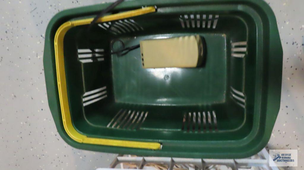 Plastic basket and two plastic crates with extension cord