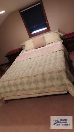 Queen size bed with Hollywood frame and reversible bedspread and pillows