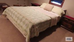 Queen size bed with Hollywood frame and reversible bedspread and pillows