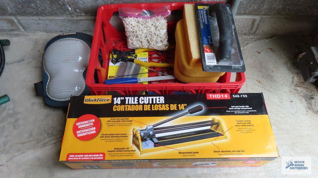 14 inch tile cutter, sponges, knee guards and etc