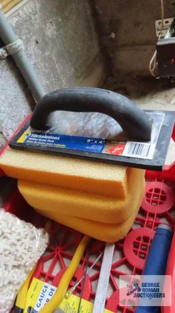 14 inch tile cutter, sponges, knee guards and etc