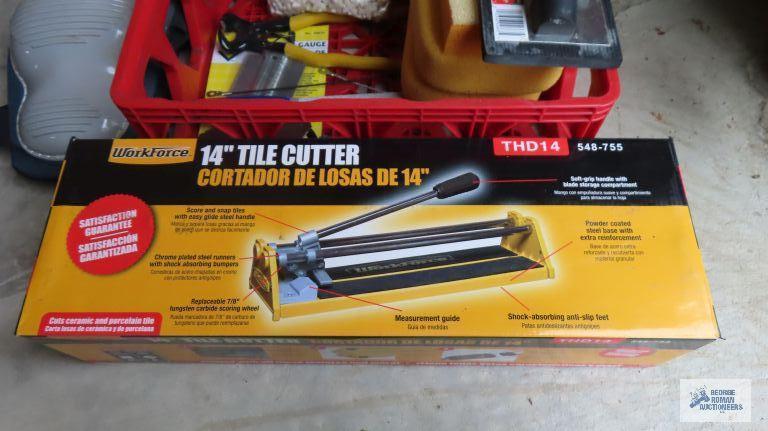 14 inch tile cutter, sponges, knee guards and etc