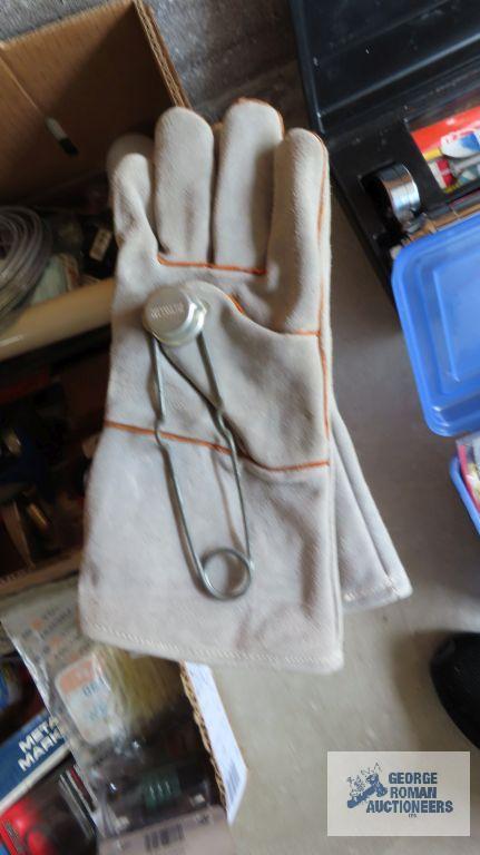 Miscellaneous items, including welding gloves, bike seat, assorted tools and etc.