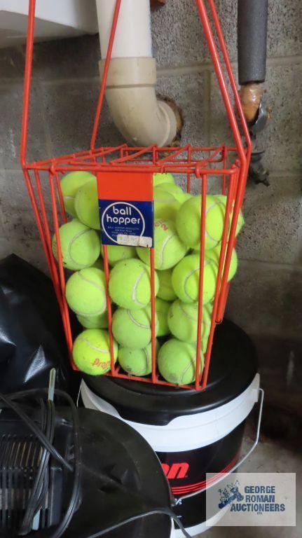 Two buckets of...tennis balls, ball hopper and Prince tennis machine