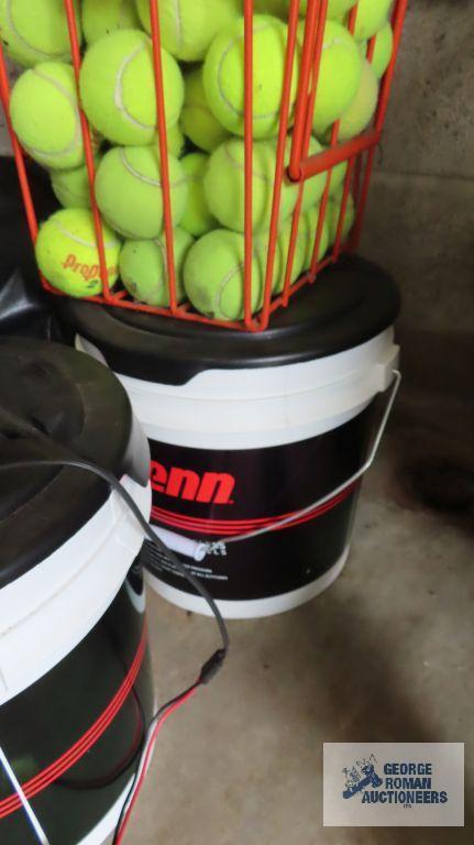 Two buckets of...tennis balls, ball hopper and Prince tennis machine