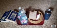 Shower shine Scrubbing Bubbles, picnic plates, pastry forms, Top Gun mug, and Angels and Friends