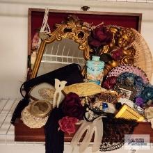 Case lot of decorative memorabilia, including mirror, hair combs, pins, etc