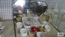 Miscellaneous items. mirrored trays. Irish puppy, salt and pepper shakers and etc.