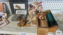 Fall decorations, wall shelf, squirrel picture, hunters and fishing signs, wall...shelf and etc.
