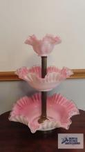 three-tier epergne pink and white bowls embellished with clear edges