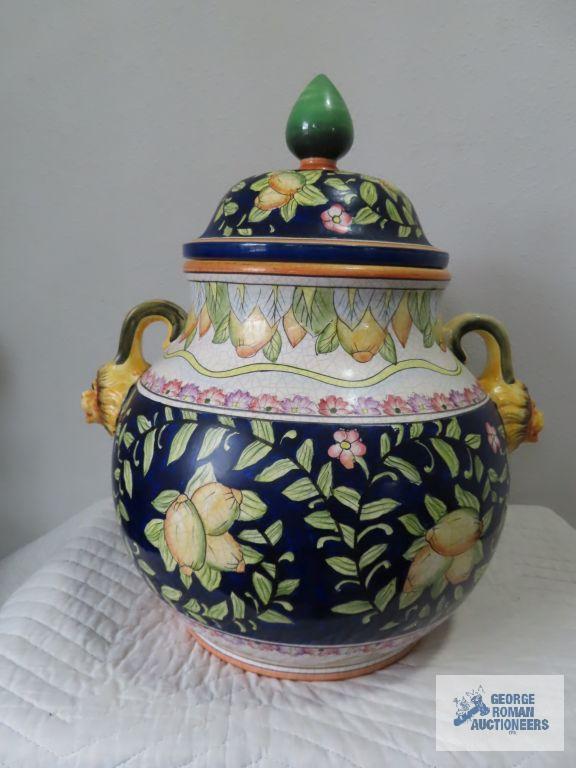 Ceramic tureen with lionhead handles. 20" tall