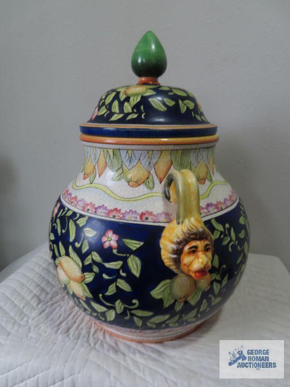 Ceramic tureen with lionhead handles. 20" tall