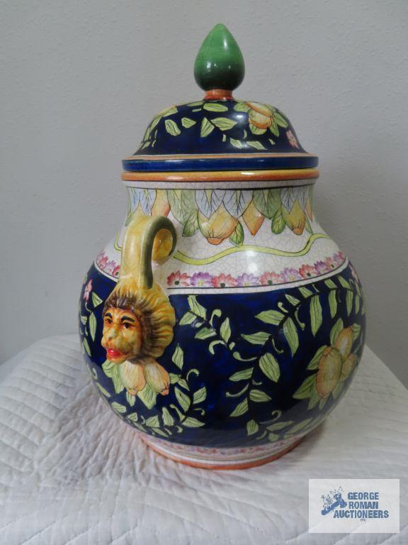 Ceramic tureen with lionhead handles. 20" tall