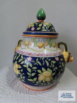 Ceramic tureen with lionhead handles. 20" tall
