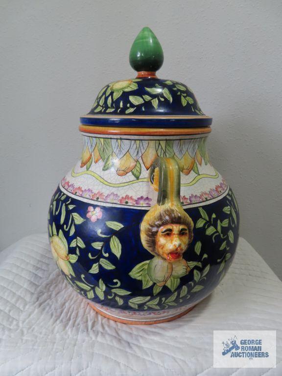Ceramic tureen with lionhead handles. 20" tall