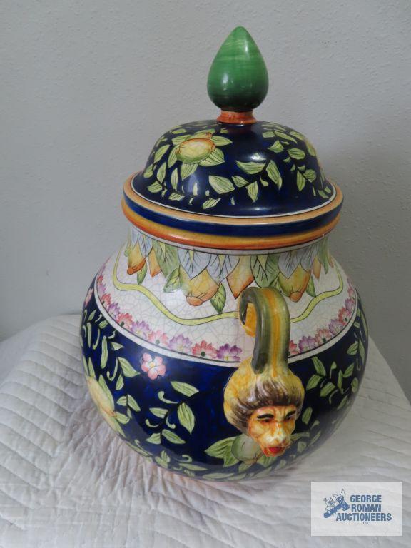 Ceramic tureen with lionhead handles. 20" tall