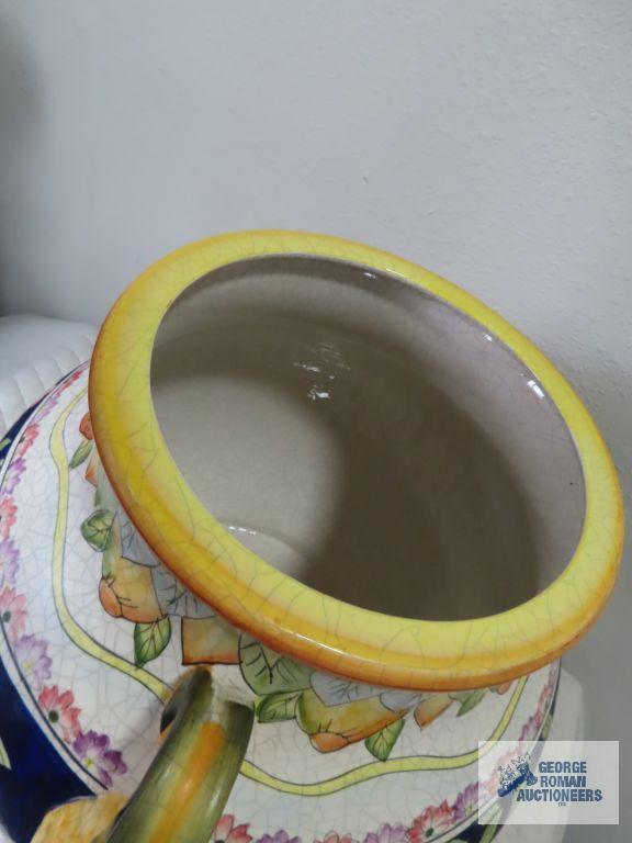 Ceramic tureen with lionhead handles. 20" tall