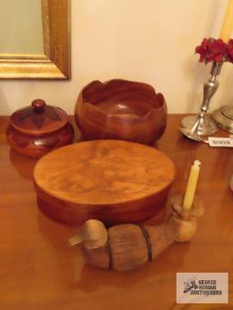 Wooden salad bowl, covered container, duck, and candlestick
