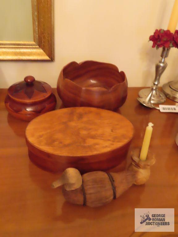 Wooden salad bowl, covered container, duck, and candlestick