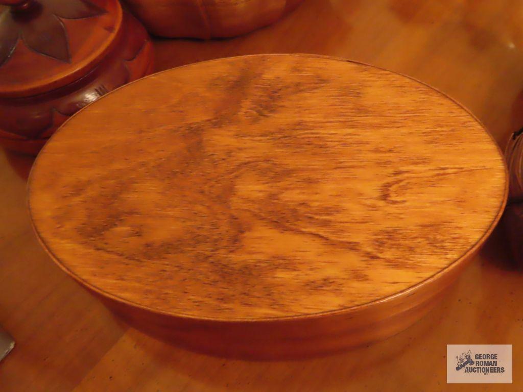 Wooden salad bowl, covered container, duck, and candlestick