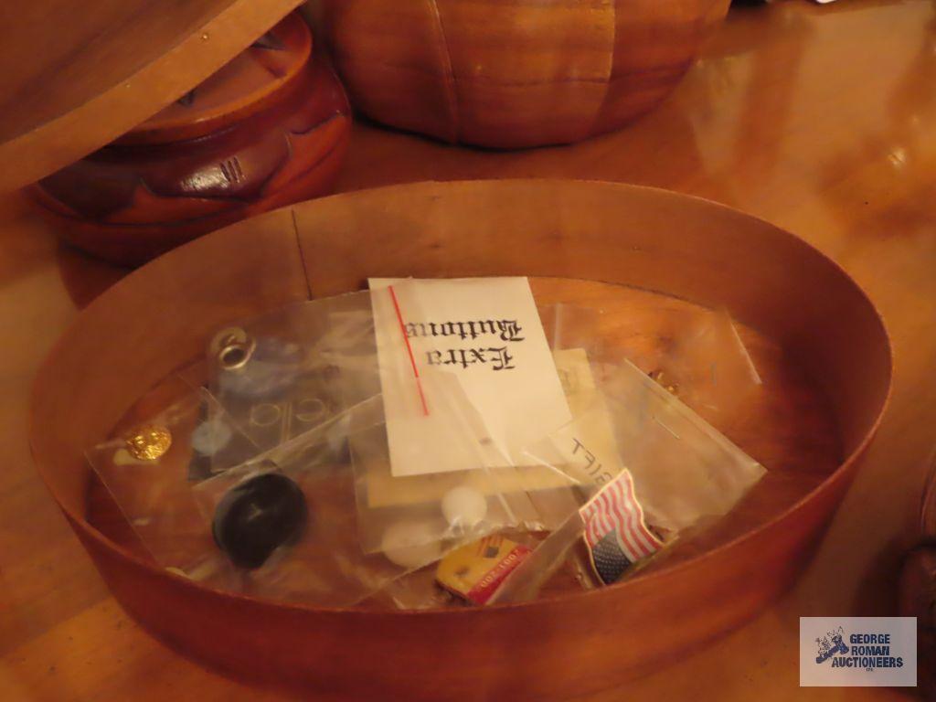 Wooden salad bowl, covered container, duck, and candlestick