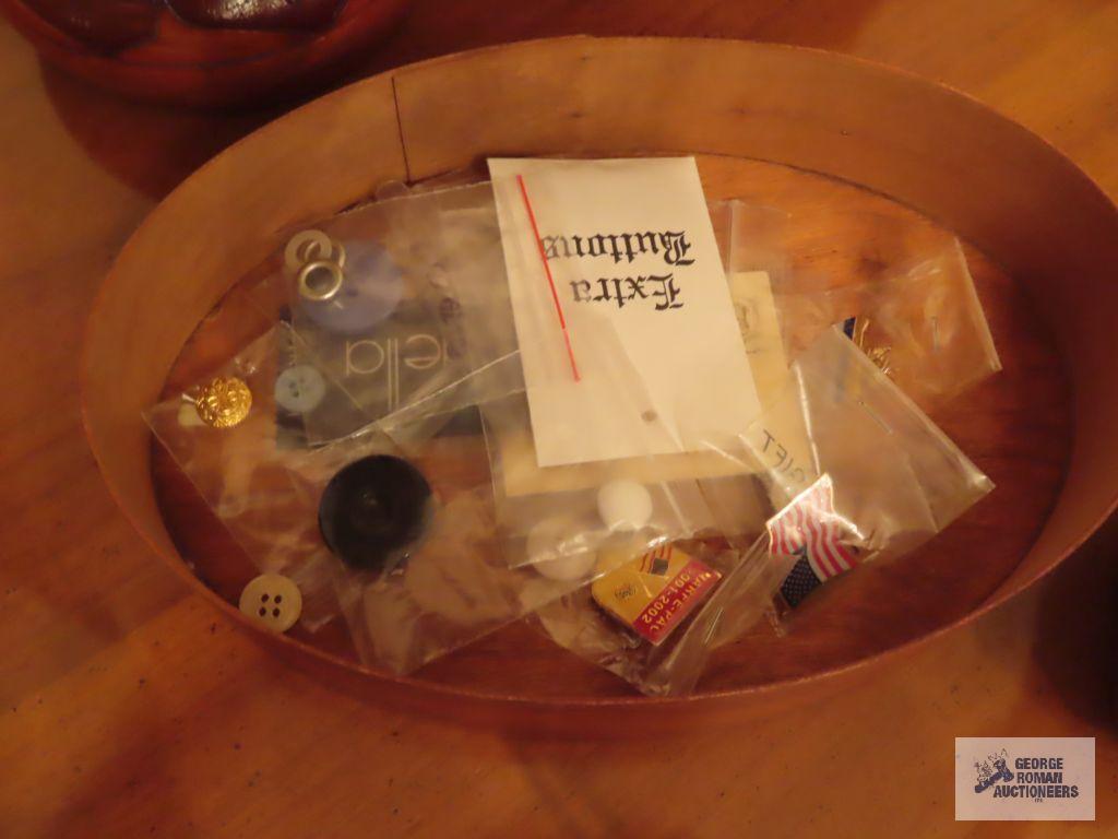 Wooden salad bowl, covered container, duck, and candlestick